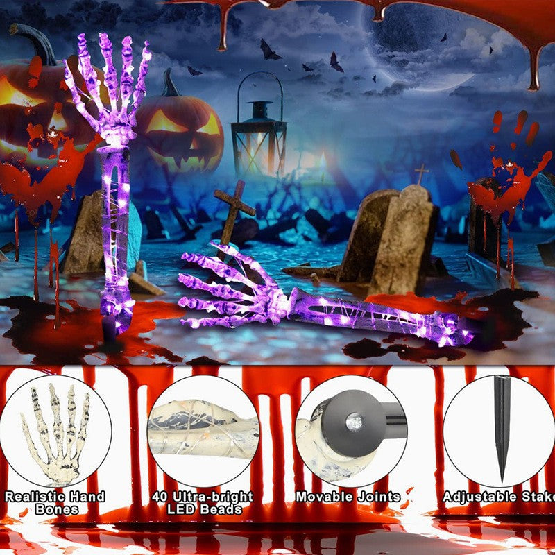 Main Squelette LED Lumineuse Halloween – Piquet de Jardin 46 cm, Set 3 Pièces, Déco Extérieur Pelouse Allée