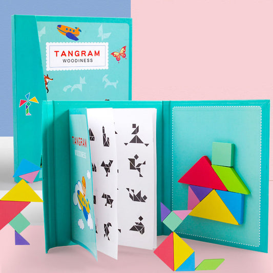 Tangram Magnétique avec Livre de Modèles – Puzzle Bois Portable, Éveil Préscolaire, Logique & Géométrie, Dès 3 Ans, Cadeau Enfant