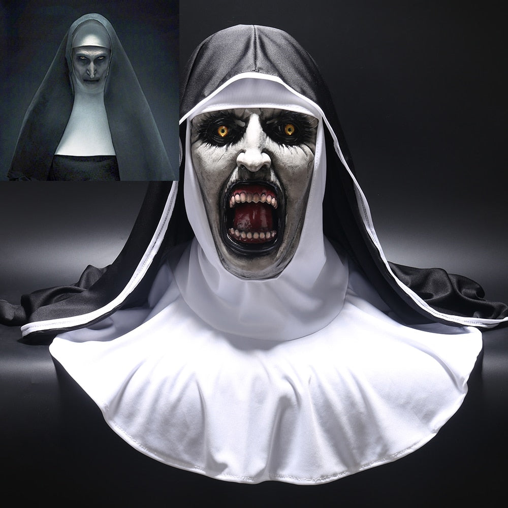 Masque La Nonne Valak Latex – Déguisement Horreur Halloween Cosplay, Masque + Foulard Voile Inclus, Taille Universelle
