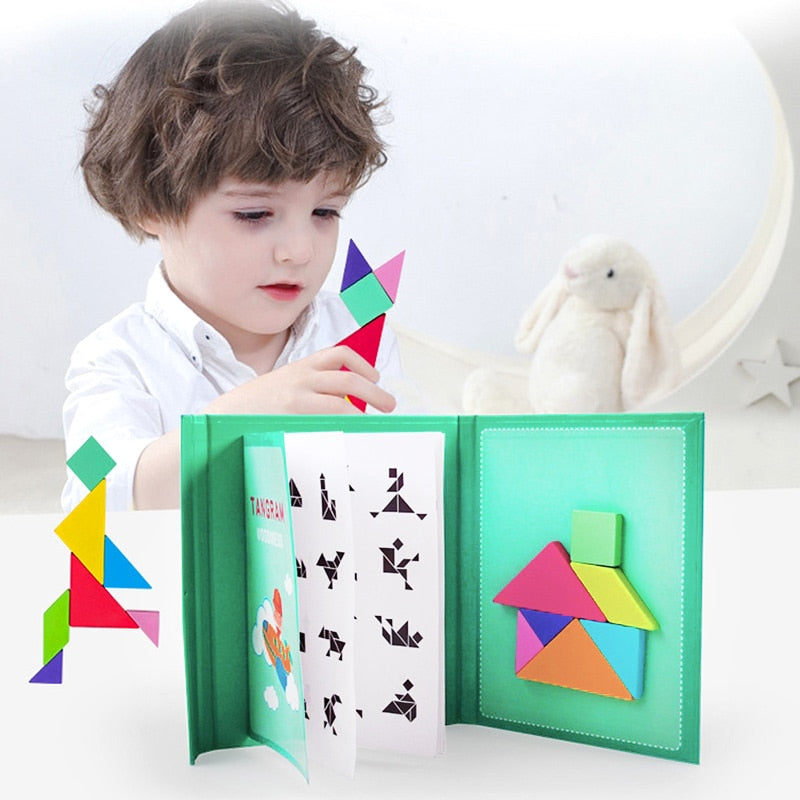 Tangram Magnétique avec Livre de Modèles – Puzzle Bois Portable, Éveil Préscolaire, Logique & Géométrie, Dès 3 Ans, Cadeau Enfant