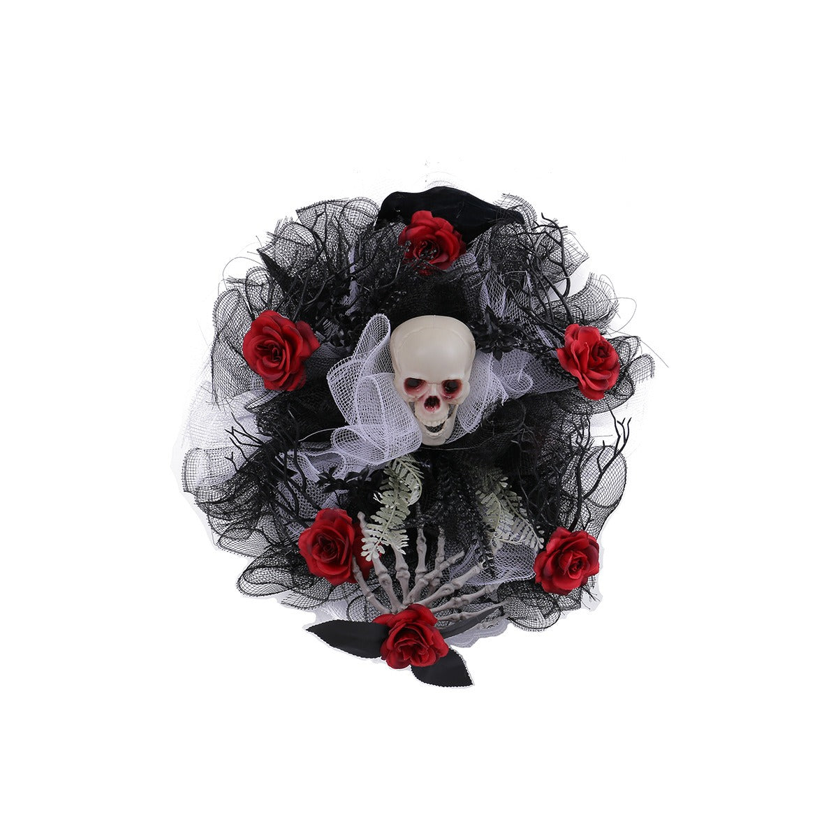 Couronne de Porte Halloween Roses Rouges & Crâne – Guirlande Filet Déco Porte Bar Soirée Horreur, Style Gothique