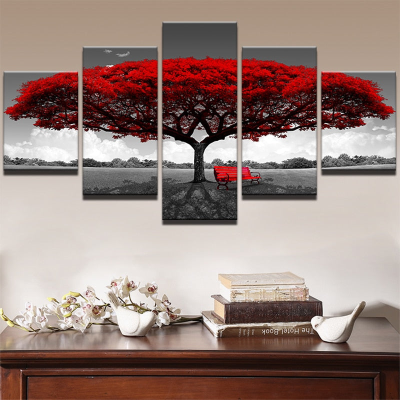 Tableau 5 Panneaux Canvas HD – Paysage Arbre Rouge, Décoration Murale Moderne Salon, Sans Cadre
