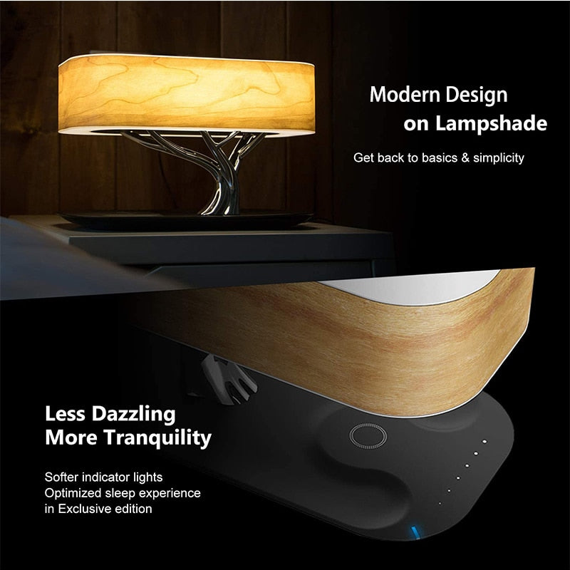 Lampe de Bureau LED Design Dimmable – Enceinte Bluetooth 4.0 + Chargeur Sans Fil Intégré, Aluminium & Bois, Chambre Bureau, Prise EU/US/UK