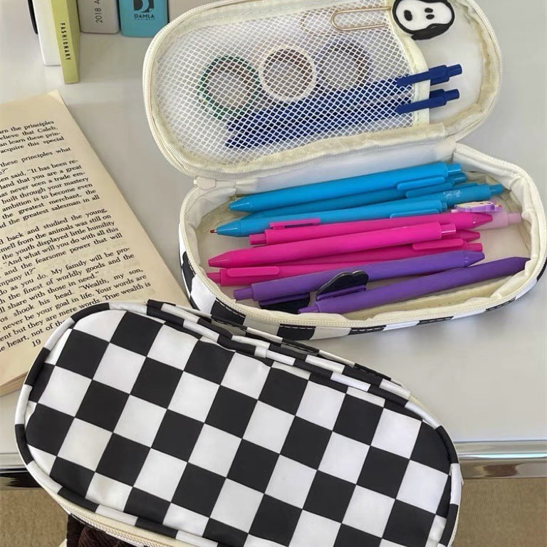 Trousse Style INS À Carreaux Noir & Blanc Grande Capacité – Toile Canvas, Étudiant Tendance, Rangement Papeterie