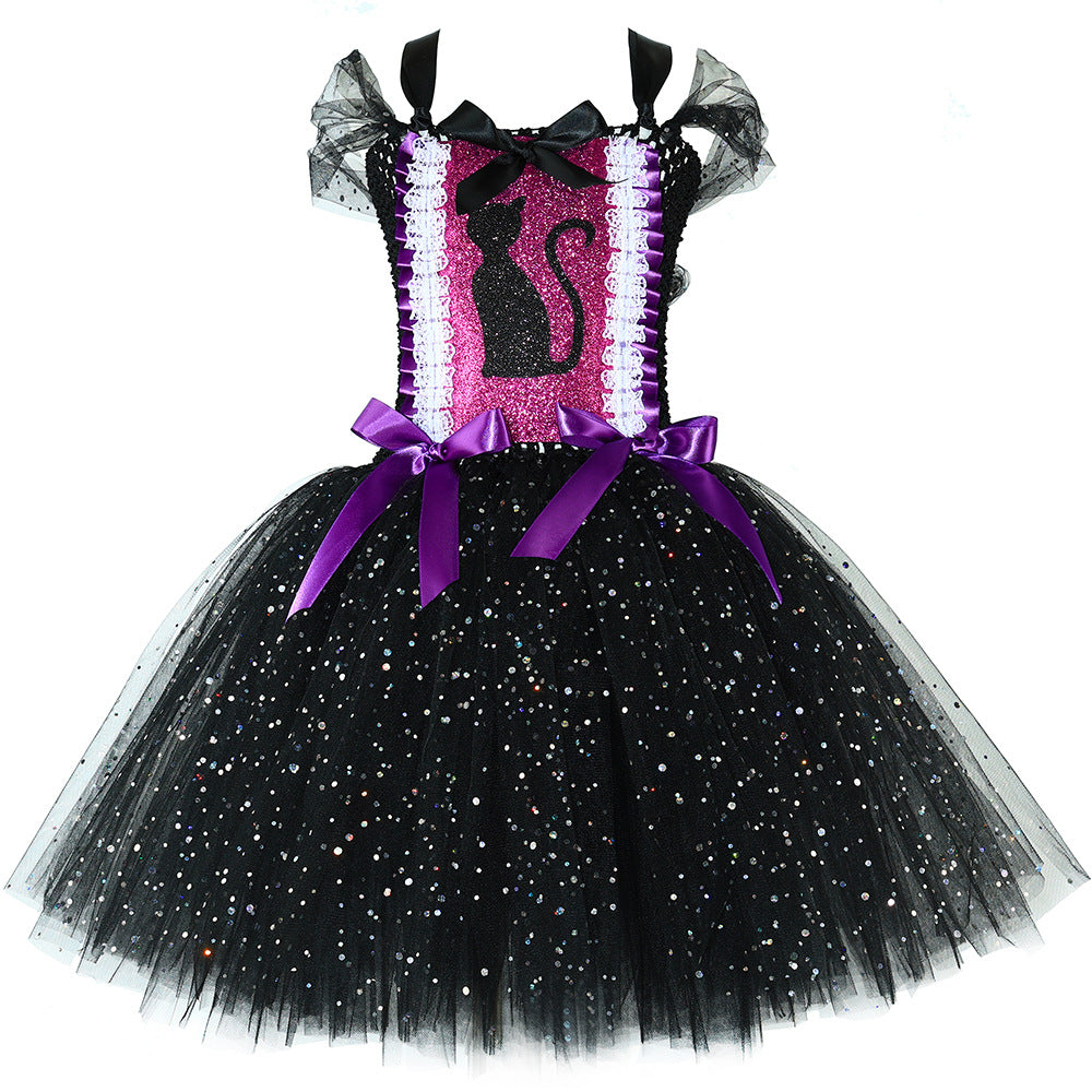 Robe Tutu Chat Noir Paillettes Enfant – Déguisement Fille Halloween & Carnaval, Tulle, 12 Mois à 12 Ans