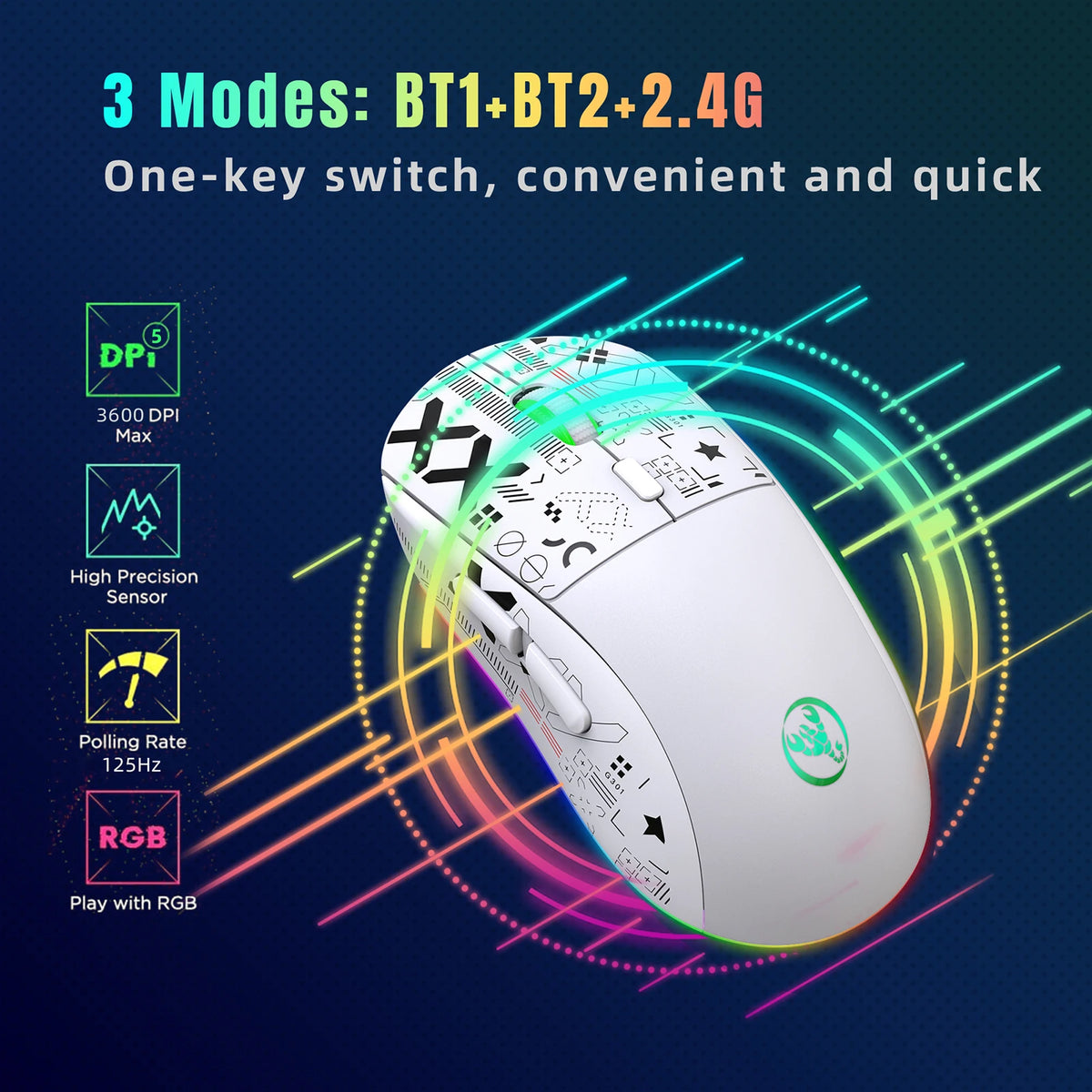Souris Gaming Sans Fil HXSJ T90 – 3 Modes (2.4G/BT), RGB 12 Modes, 3600 DPI, Rechargeable 750mAh, Blanc ou Noir