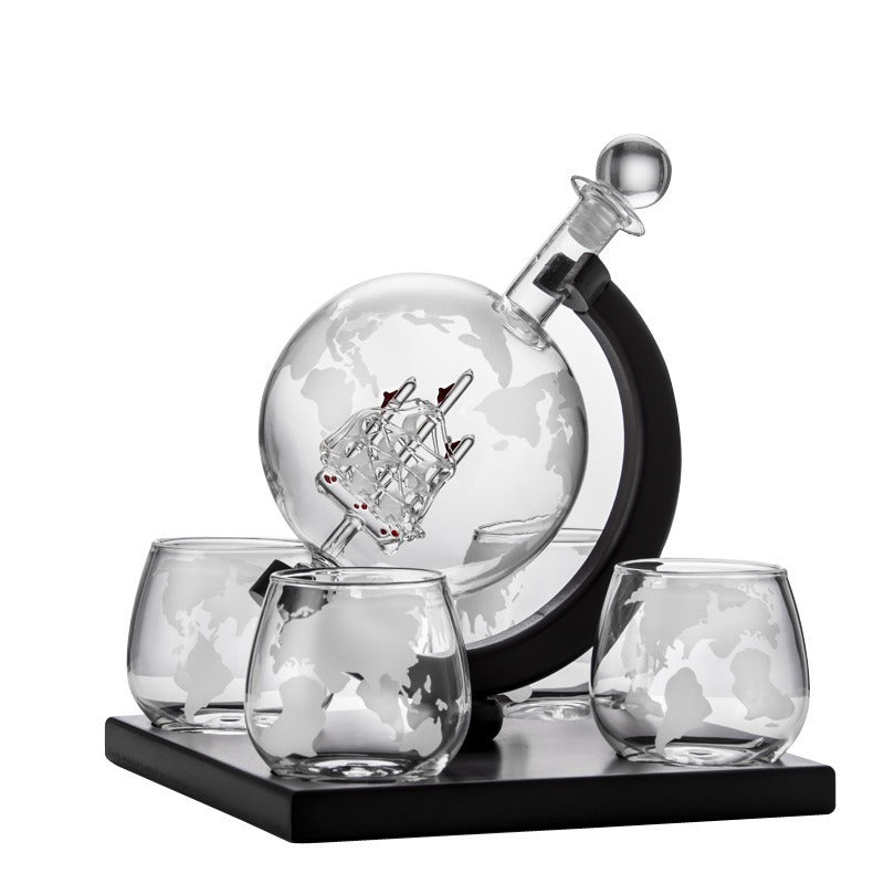 Carafe Globe en Verre Soufflé 800-900ml + Support Bois Ovale – Carafe À Vin & Whisky, Cadeau Premium Table