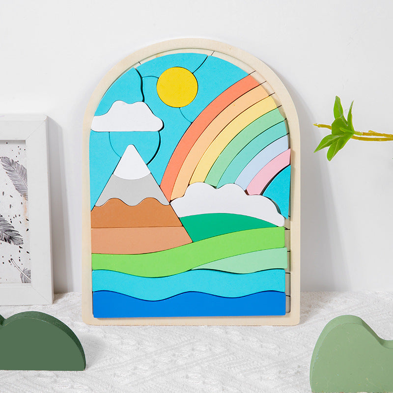 Puzzle 3D en Bois Enfant – Motif Arc-en-ciel Soleil ou Fleurs, Association Animaux, Éveil & Concentration, Cadeau Dès 3 Ans