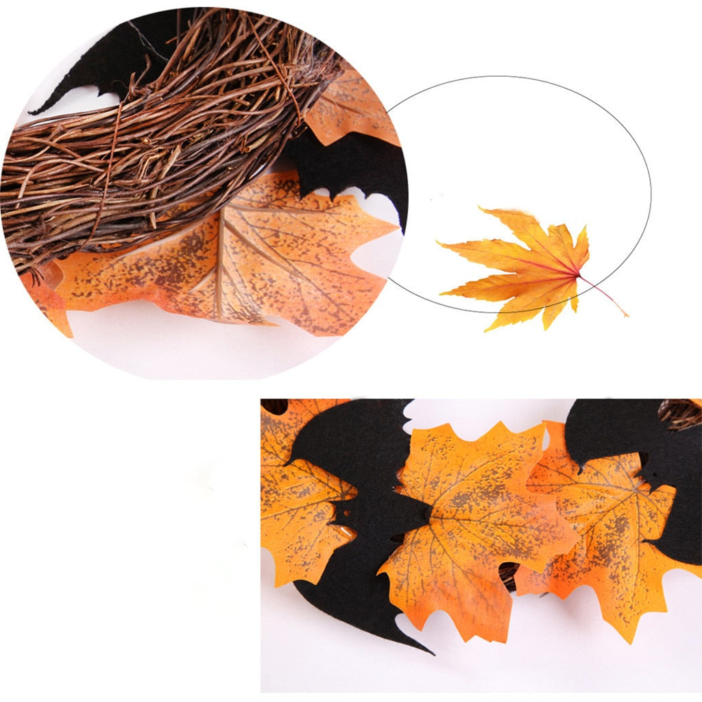 Couronne Décorative Halloween – Chauve-Souris & Feuilles d’Érable, Rotin & Tissu, 25x25 cm, Suspension Porte ou Fenêtre
