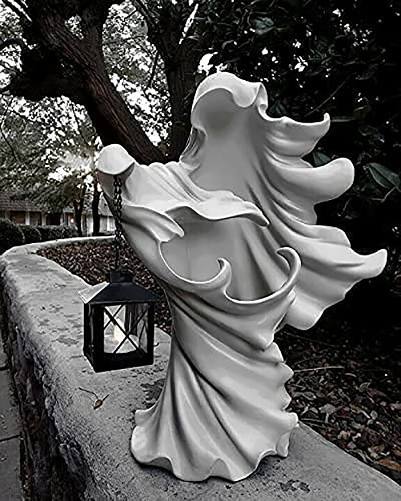 Figurine Fantôme en Résine avec Lanterne Solaire – Décoration Halloween Jardin & Extérieur, Blanc ou Noir