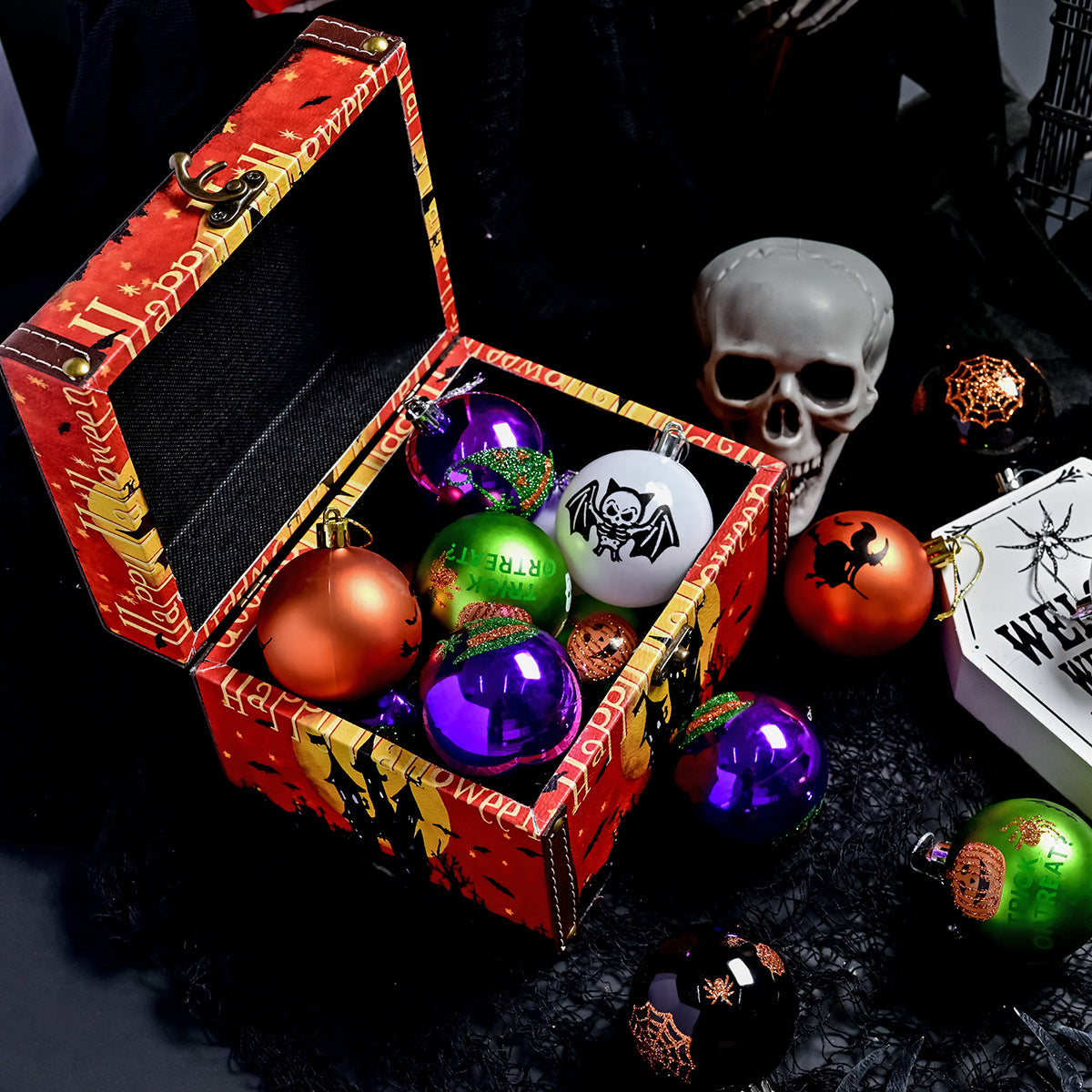 Lot de Boules Décoratives Halloween 6 cm – Peintes Électroplaquées Fantômes Crânes Citrouilles, À Suspendre Sapin & Déco
