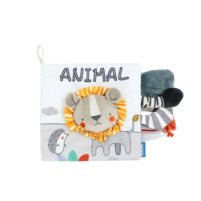 Livre Sensoriel en Tissu pour Bébé 0-12 mois – Contraste Élevé 3D | Éléphant, Lion, Lapin