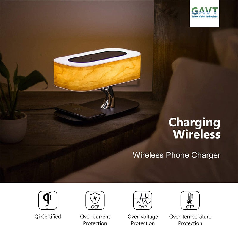 Lampe de Bureau LED Design Dimmable – Enceinte Bluetooth 4.0 + Chargeur Sans Fil Intégré, Aluminium & Bois, Chambre Bureau, Prise EU/US/UK