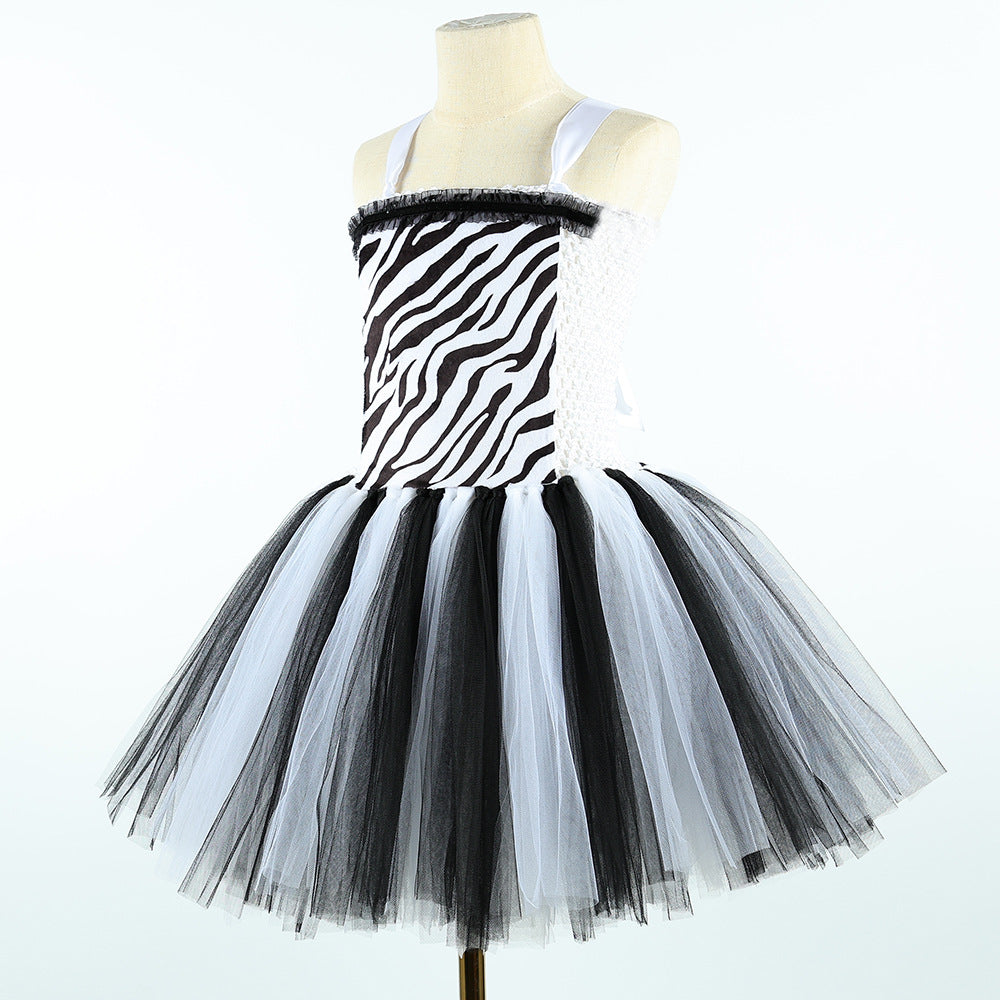 Robe Princesse Zèbre Enfant – Déguisement Tulle Halloween & Fête Forêt, Tailles S à XL (2-8 ans)