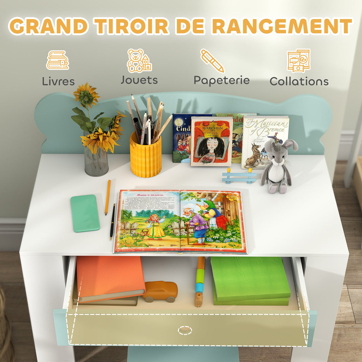 Ensemble Bureau & Chaise Enfant Vert – Dossier Ours Ludique, Tiroir, Plateau 80cm, MDF & Pin, 3-8 Ans, Norme EN71