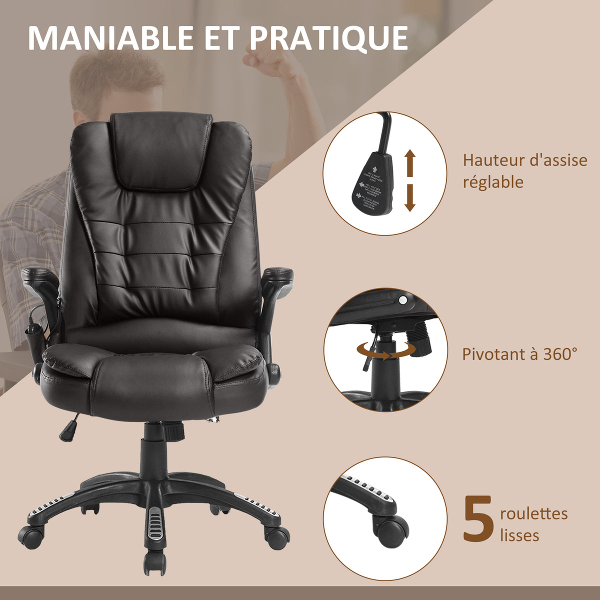 Fauteuil de Bureau Massant & Chauffant 6 Points – Ergonomique, Hauteur Réglable, Revêtement Synthétique, Brun, 120kg Max