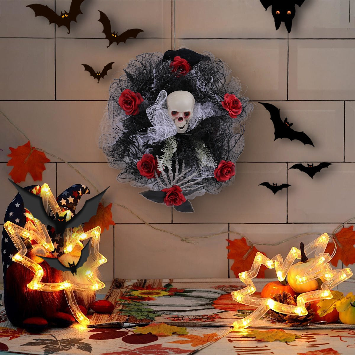 Couronne de Porte Halloween Roses Rouges & Crâne – Guirlande Filet Déco Porte Bar Soirée Horreur, Style Gothique