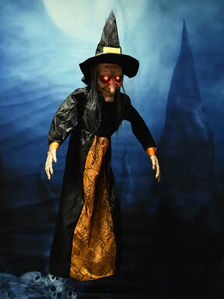 Sorcière Suspendue Animatronique Halloween 123 cm – Contrôle Vocal & Tactile, Yeux Lumineux, Parle & Dents Claquent