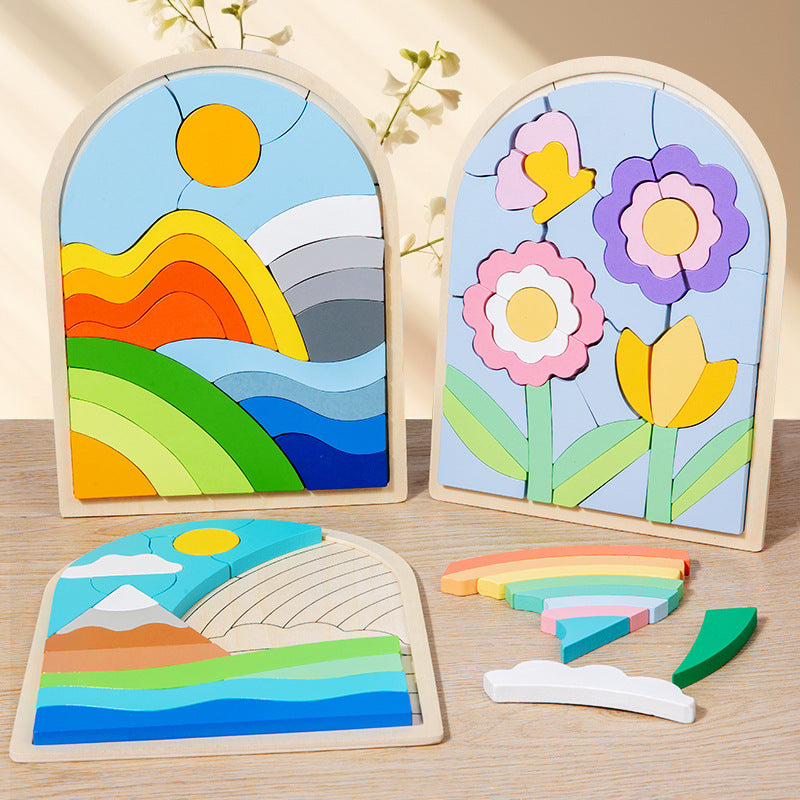 Puzzle 3D en Bois Enfant – Motif Arc-en-ciel Soleil ou Fleurs, Association Animaux, Éveil & Concentration, Cadeau Dès 3 Ans