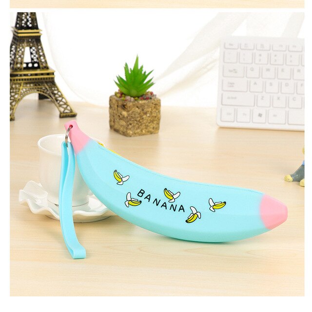 Trousse Kawaii Banane en Silicone Grande Capacité – Motif Cartoon Mignon, Étudiant Fille, 3 Coloris Jaune Bleu Rose