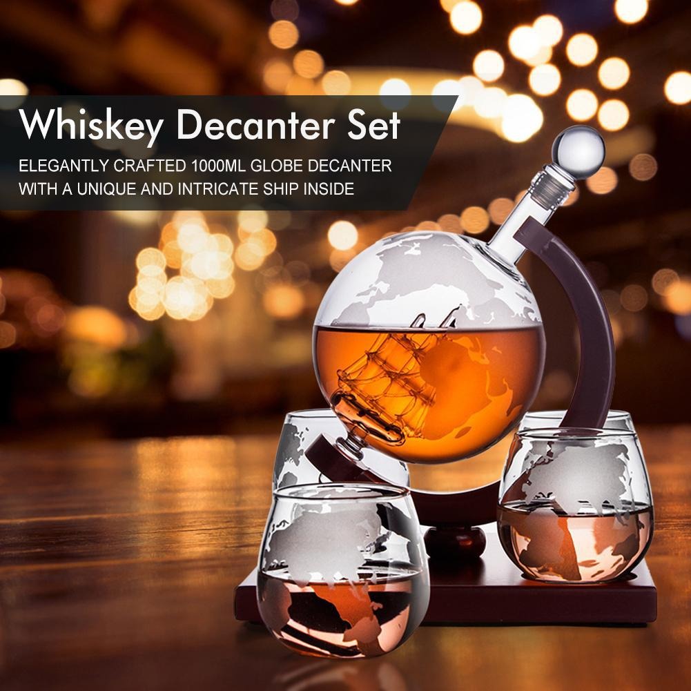 Carafe Globe en Verre Soufflé 800-900ml + Support Bois Ovale – Carafe À Vin & Whisky, Cadeau Premium Table