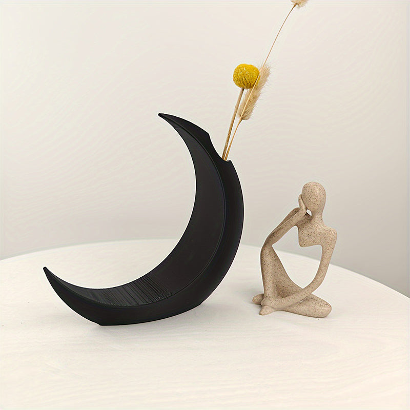 Vase Gothique Lune Imprimé 3D – Décoration Bureau & Maison, Fleurs Séchées ou Artificielles, Style Européen, Noir ou Blanc