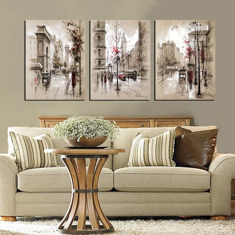 Tableau Toile Canvas Ville & Rue – Triptyque Moderne Salon, Impression Haute Qualité, 70×90cm Sans Cadre