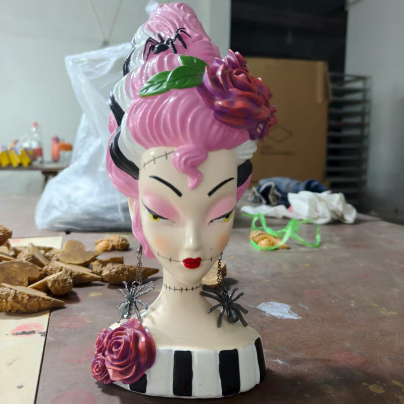 Statue Buste Demi-Corps Mariée de Frankenstein Rose – Sculpture Résine Déco Maison Halloween Style Moderne, Multicolore