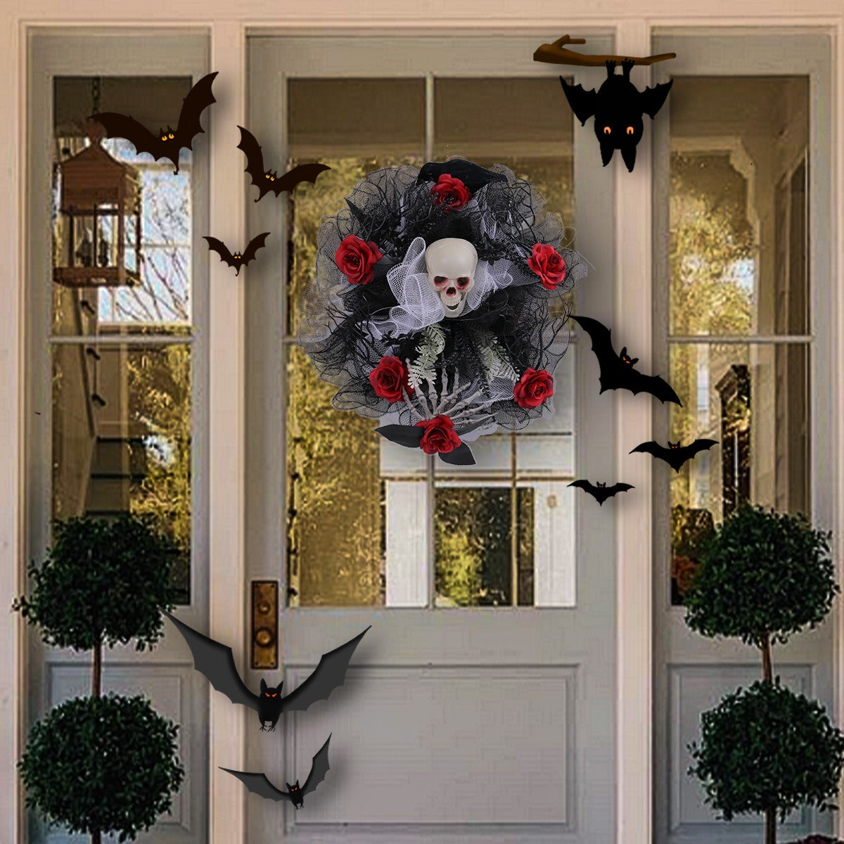 Couronne de Porte Halloween Roses Rouges & Crâne – Guirlande Filet Déco Porte Bar Soirée Horreur, Style Gothique