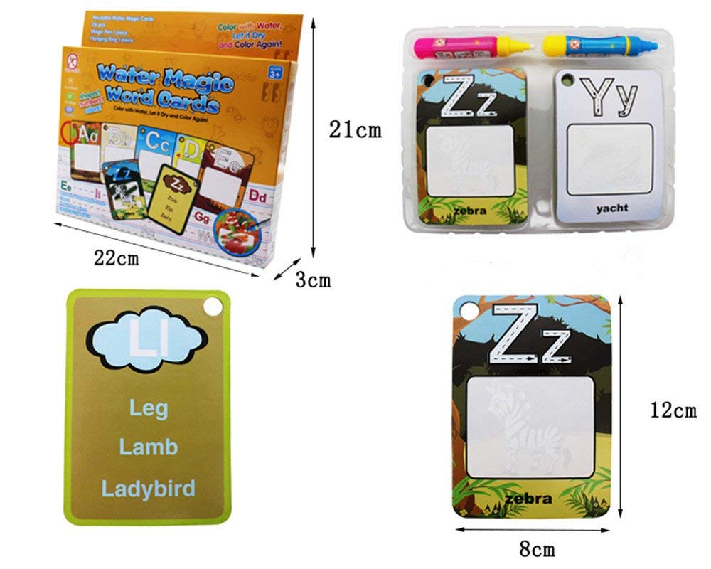 Cartes Magiques À L’Eau – 26 Cartes Alphabet Anglais + 2 Stylos, Dessin Réutilisable Non-Toxique, Éveil Dès 3 Ans, Cadeau Enfant