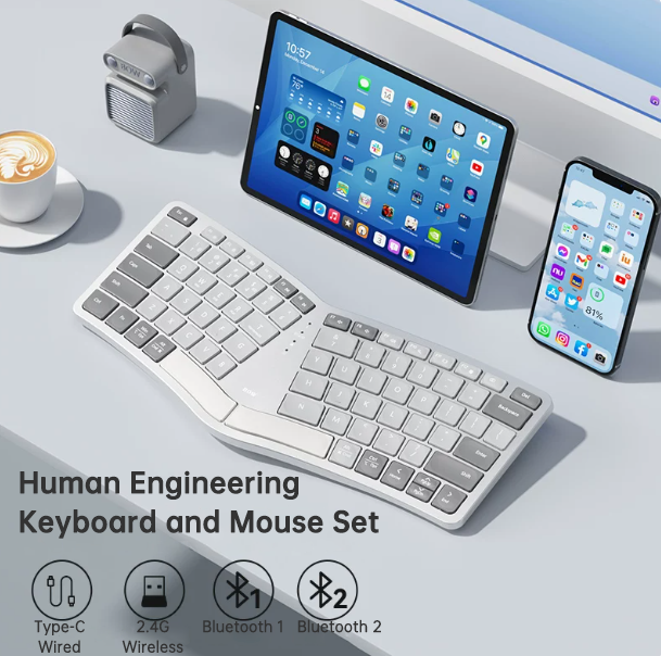 Clavier Ergonomique Sans Fil Bluetooth & USB – Design Épuré, Compatible PC Mac Tablette, 3 Coloris Doré Argenté Noir