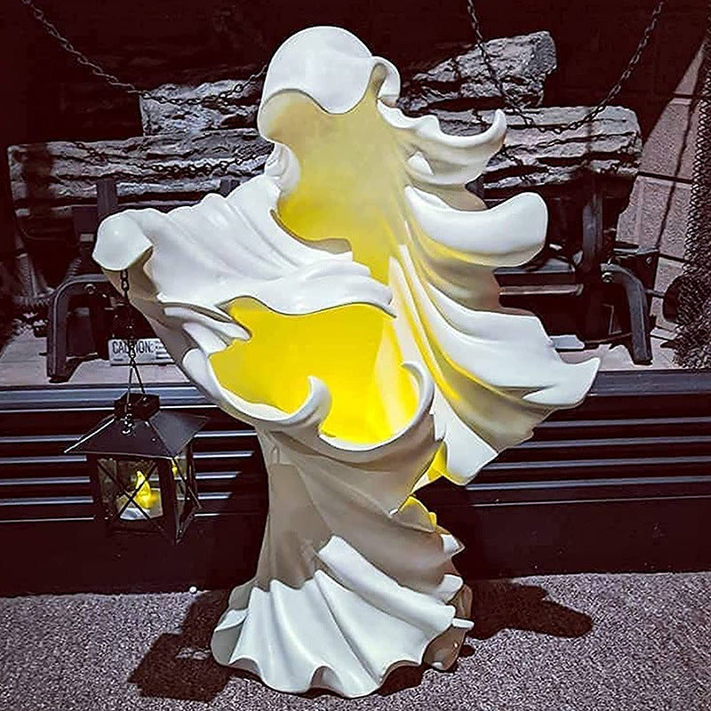 Figurine Fantôme en Résine avec Lanterne Solaire – Décoration Halloween Jardin & Extérieur, Blanc ou Noir