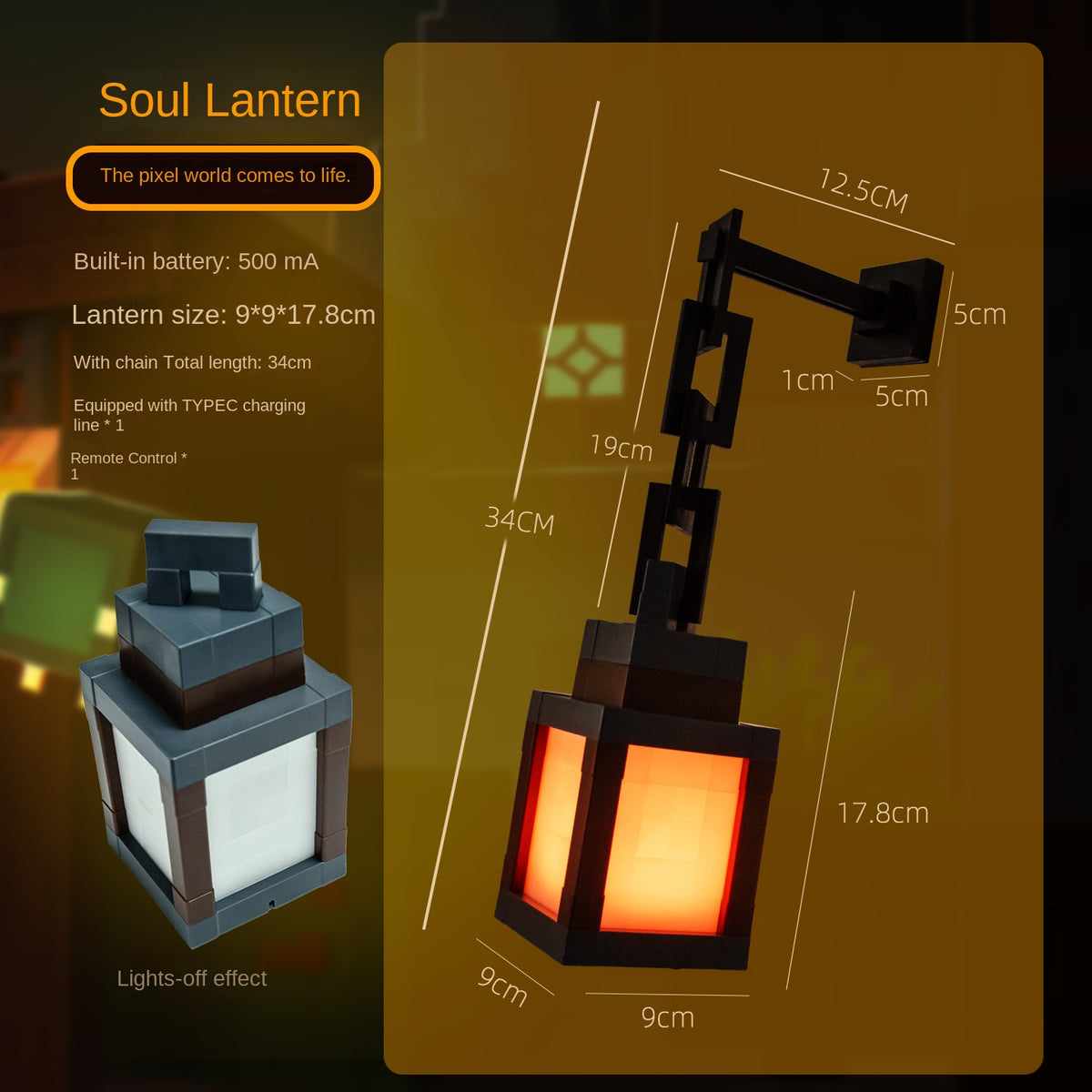 Veilleuse Lanterne Style Pixel 16 Couleurs Changeantes LED – Rechargeable, Chaîne Suspendue + Ruban 3M, Déco Gaming Chambre