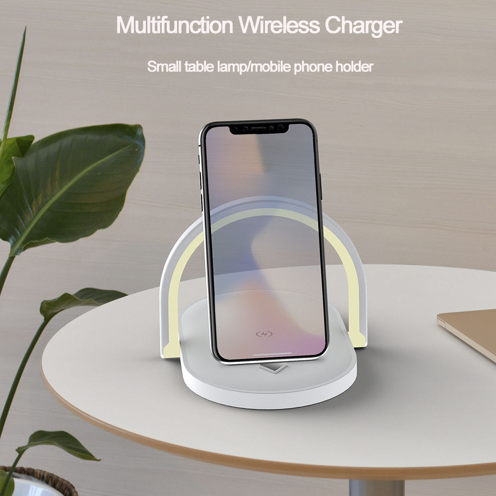 Chargeur Sans Fil 15W Rapide 3-en-1 – Lampe de Nuit LED Tactile + Support Téléphone Réglable, USB-C, Noir Blanc Bois