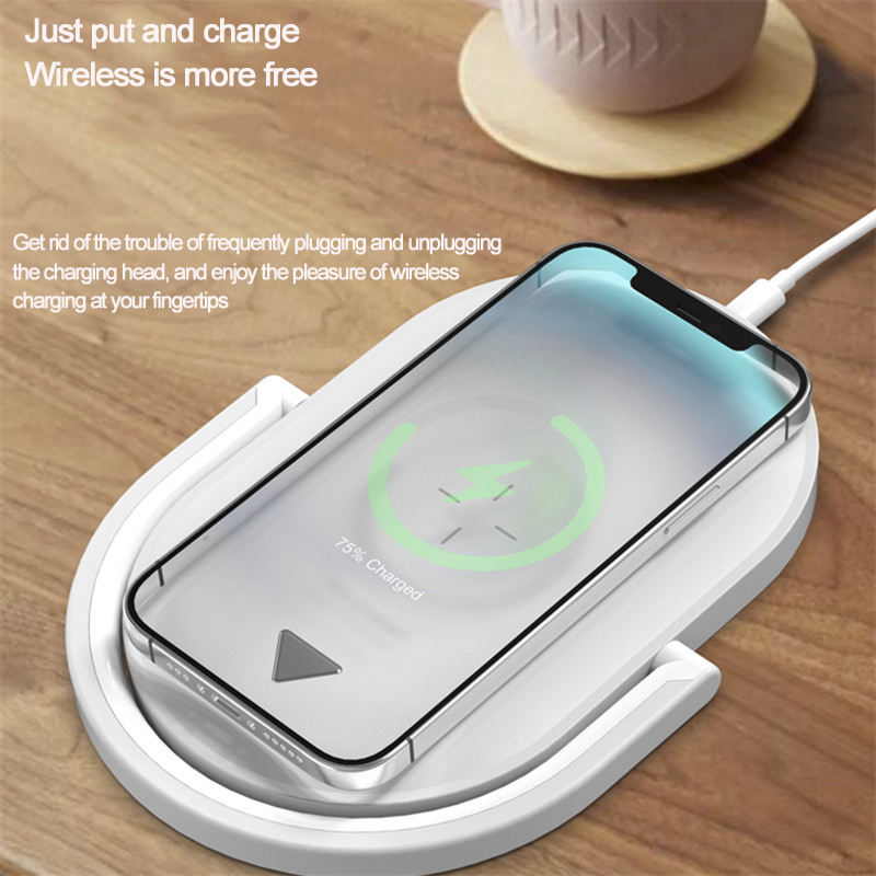 Chargeur Sans Fil 15W Rapide 3-en-1 – Lampe de Nuit LED Tactile + Support Téléphone Réglable, USB-C, Noir Blanc Bois