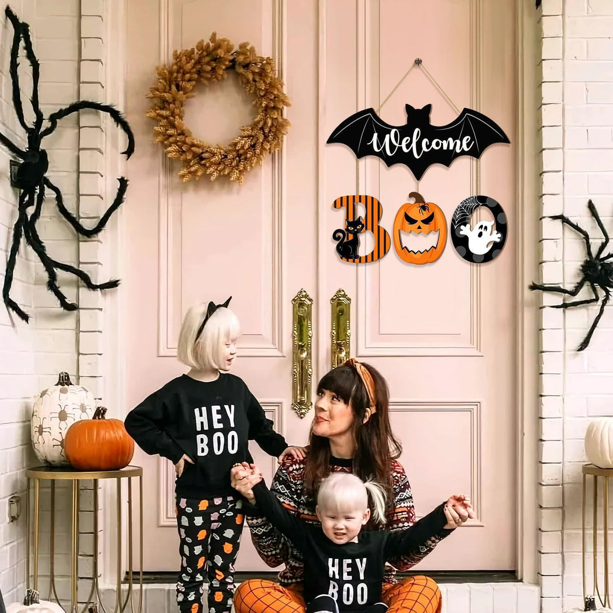 Panneau Porte Bois Halloween « BOO » – Plaque Décorative Fantômes & Chauves-Souris à Suspendre, Noir, Déco Entrée Maison