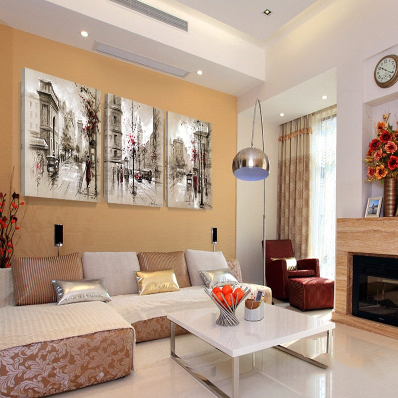Tableau Toile Canvas Ville & Rue – Triptyque Moderne Salon, Impression Haute Qualité, 70×90cm Sans Cadre