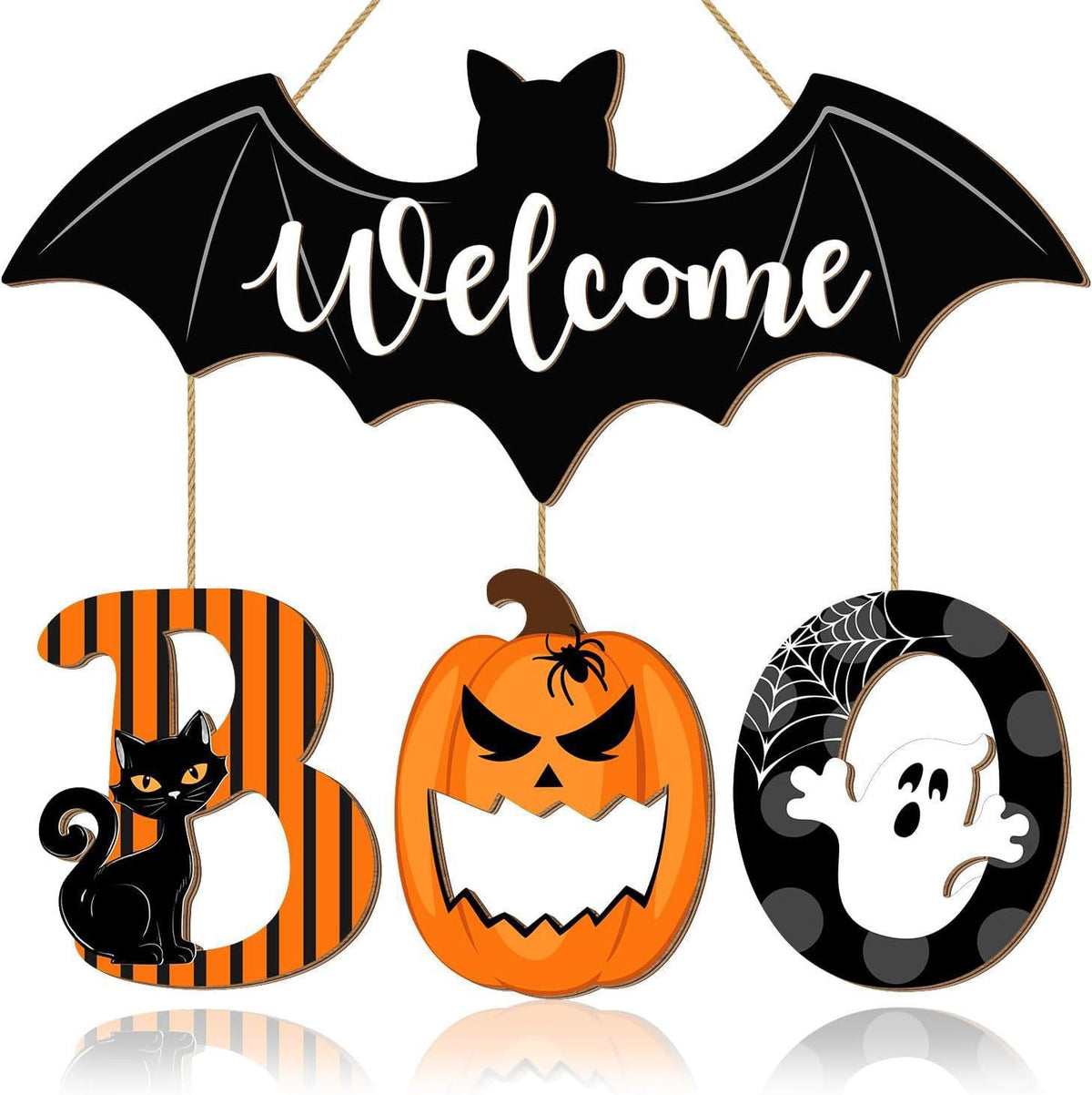 Panneau Porte Bois Halloween « BOO » – Plaque Décorative Fantômes & Chauves-Souris à Suspendre, Noir, Déco Entrée Maison