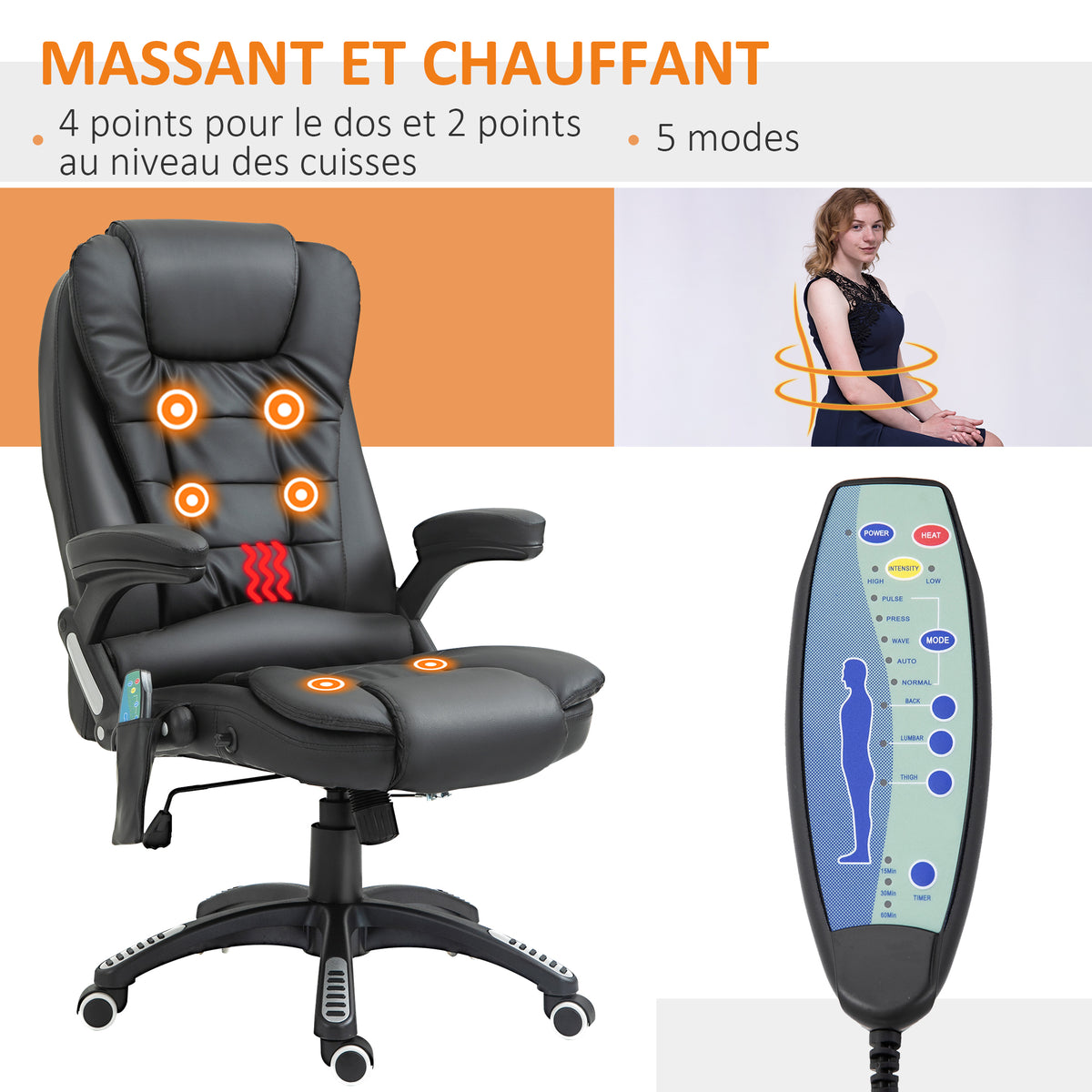 Fauteuil de Bureau Massant & Chauffant 6 Points – Ergonomique, Hauteur Réglable, Revêtement Synthétique, Noir, 120kg Max