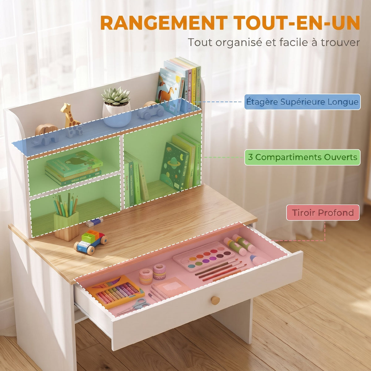 Bureau Enfant Blanc Effet Bois – Tiroir & Étagères Ouvertes, Plateau 80x48cm, MDF Mélaminé, 3-8 Ans, Norme EN71