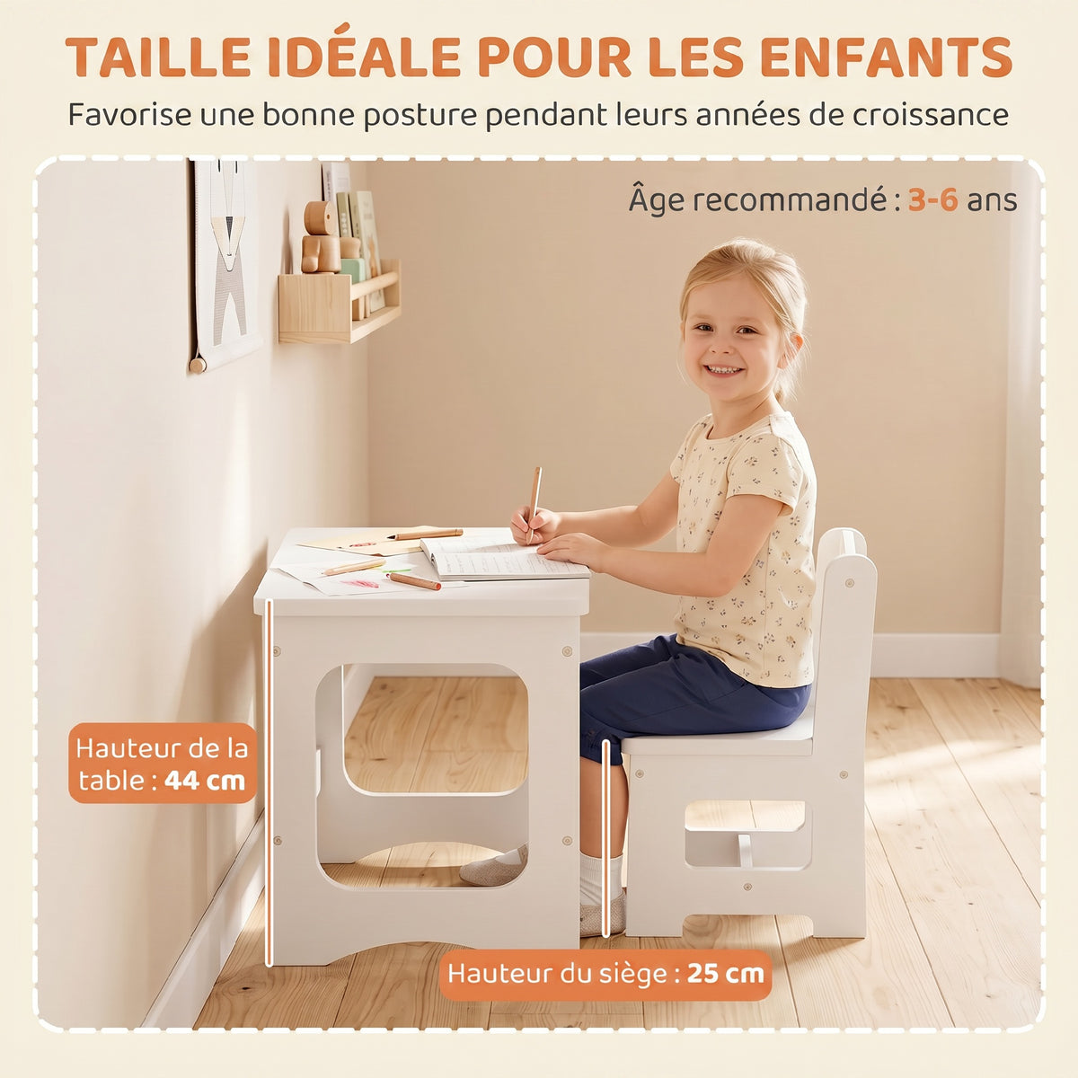 Ensemble Bureau & Chaise Enfant – Plateau Réversible Tableau Noir 2-en-1, MDF E1, Bords Arrondis, Blanc, 3-6 Ans