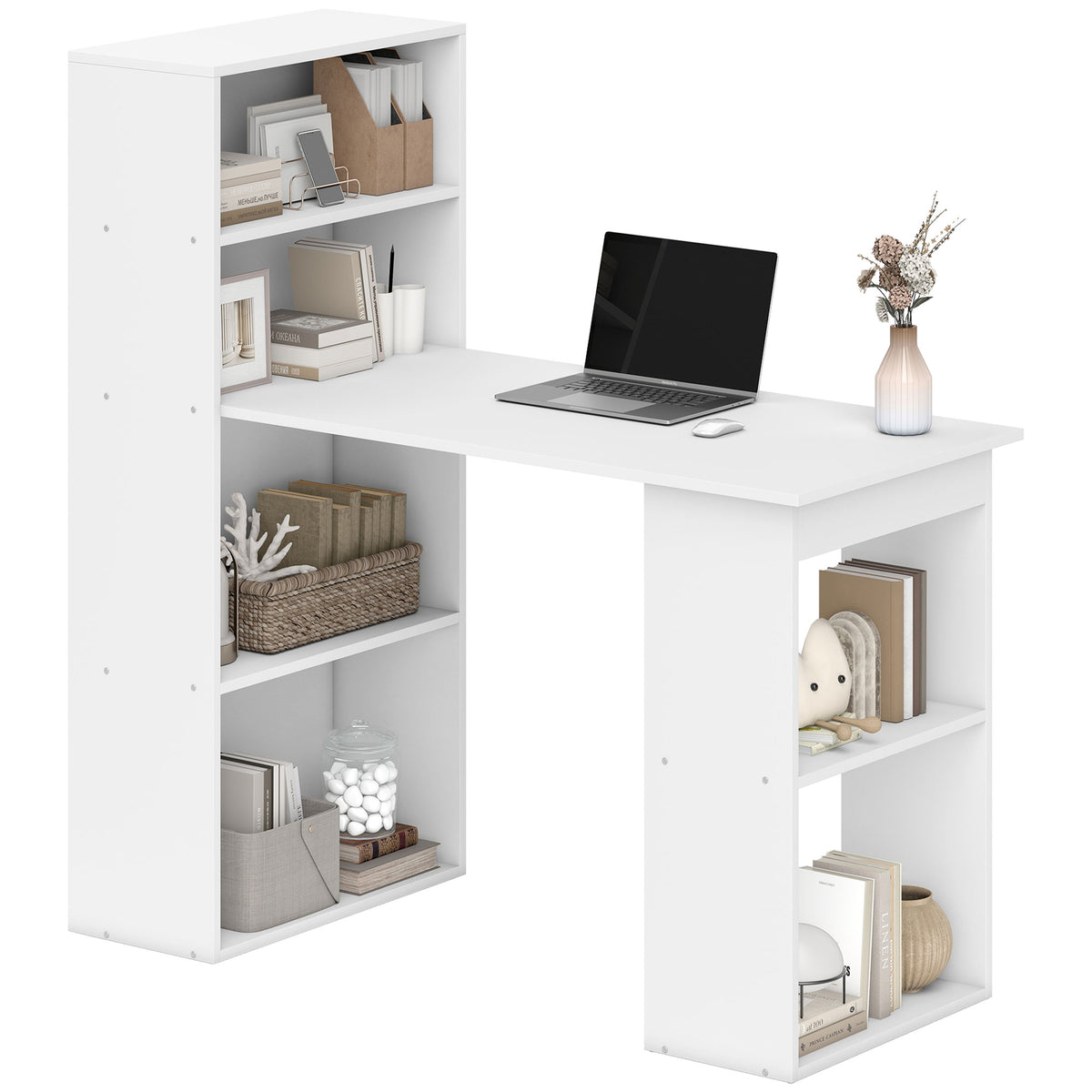 Bureau Informatique & Bibliothèque 2-en-1 – 120cm, 3 Niches & 2 Étagères, Panneaux Particules Veinage Bois, Blanc, Home Office