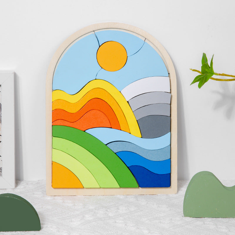 Puzzle 3D en Bois Enfant – Motif Arc-en-ciel Soleil ou Fleurs, Association Animaux, Éveil & Concentration, Cadeau Dès 3 Ans