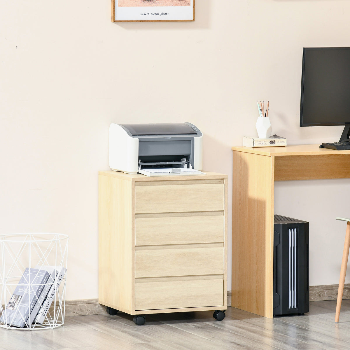 Caisson de Bureau sur Roulettes – 4 Tiroirs Coulissants, MDF Bois Naturel, Anti-Basculement, 46x40x65cm, Home Office