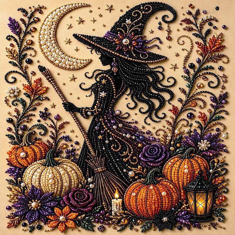 Kit Peinture Diamant Halloween – Tableau DIY 20x20cm, 5 Motifs (Citrouille, Crâne, Sorcière…), Décoration Murale