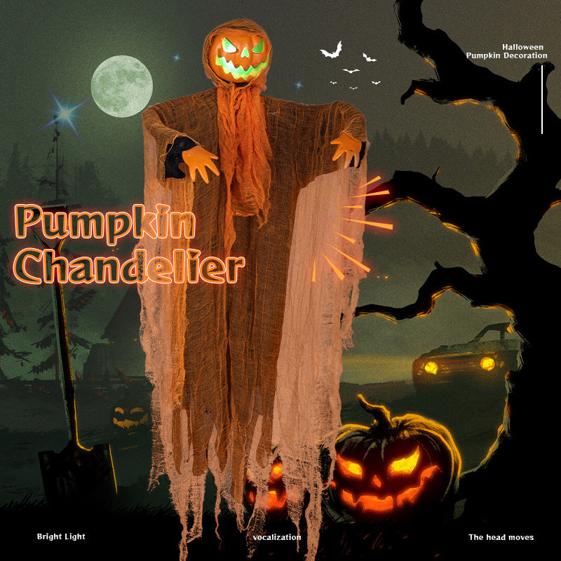 Tête de Citrouille Suspendue Halloween – Lumière Verte Rotative & Son Intégré, 122x92 cm, Déco Cour Porte Jardin