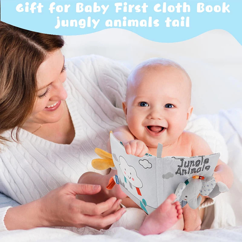 Livre Sensoriel en Tissu pour Bébé 0-12 mois – Contraste Élevé 3D | Éléphant, Lion, Lapin