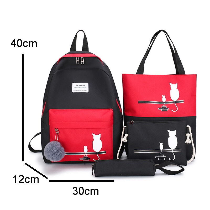 Ensemble 4 Pièces Sac à Dos Canvas Patchwork Motif Chat – Femme, École & Quotidien, Noir, Bleu ou Vert