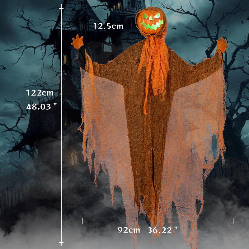 Tête de Citrouille Suspendue Halloween – Lumière Verte Rotative & Son Intégré, 122x92 cm, Déco Cour Porte Jardin