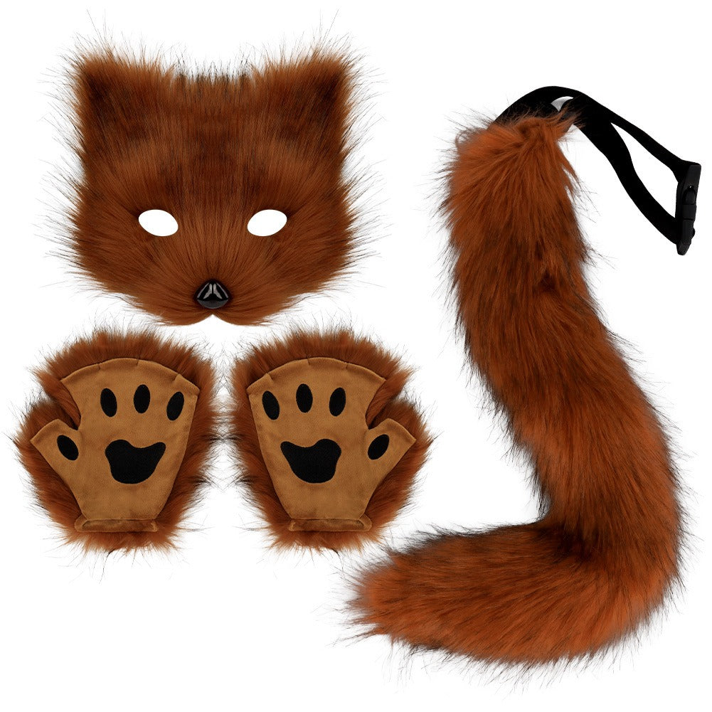 Set Renard Peluche Halloween – Masque + Gants + Queue Touffue, Cosplay Animal Fait Main, 4 Coloris, Lot de 3